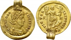 THEODOSIUS I (379-395). GOLD Solidus. Sirmium. 

Obv: D N THEODOSIVS P F AVG. 
Pearl-diademed, darped and cuirassed bust right.
Rev: VICTORIA AVGG...