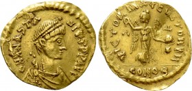 ANASTASIUS I (491-518). GOLD Tremissis. Constantinople. 

Obv: D N ANASTASIVS P P AVG. 
Diademed, draped and cuirassed bust right.
Rev: VICTORIA A...