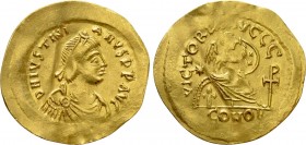 JUSTINIAN I (527-565). GOLD Semissis. Constantinople. 

Obv: D N IVSTINIANVS P P AVG. 
Diademed, draped and cuirassed bust right.
Rev: VICTORIA AV...
