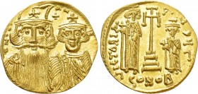CONSTANS II with CONSTANTINE IV, HERACLIUS and TIBERIUS (641-668). GOLD Solidus. Constantinople. 

Obv: dN CONSTAN Ч CC. 
Crowned and draped facing...