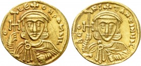CONSTANTINE V COPRONYMUS with LEO III (741-775). GOLD Solidus. Constantinople. 

Obv: δ LЄON P A MЧL. 
Crowned and draped facing bust of Leo, holdi...