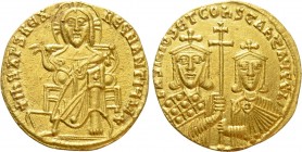 BASIL I THE MACEDONIAN with CONSTANTINE (867-886). GOLD Solidus. Constantinople.

Obv: + IҺS XPS RЄX RЄGNANTIЧM ✷.
Christ Pantokrator seated facing...