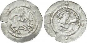 BOHEMIA. Ladislaus (Vladislav) I (As duke, 1109-1118 & 1120-1125). Denár. 

Obv: Vladislav, holding spear and shield, on horse rearing right.
Rev: ...