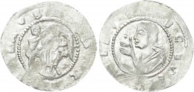 BOHEMIA. Ladislaus (Vladislav) I (As duke, 1109-1118 & 1120-1125). Denár. 

Obv: Vladislav seated facing, holding banner; attendant to left.
Rev: D...