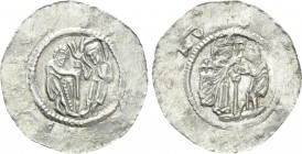BOHEMIA. Ladislaus (Vladislav) II (As duke, 1140-1158). Denár. 

Obv: Saint standing right, presenting crozier(?) to figure bowing left.
Rev: Saint...