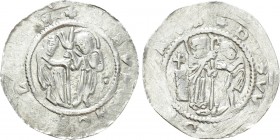 BOHEMIA. Ladislaus (Vladislav) II (As duke, 1140-1158). Denár. 

Obv: Saint standing right, presenting crozier(?) to figure bowing left.
Rev: Saint...