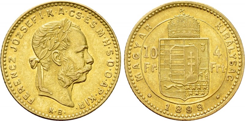 Austrian Empire. Franz Joseph I (1848-1916). GOLD 4 Forint / 10 Francs (1888 KB)...