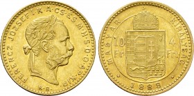 Austrian Empire. Franz Joseph I (1848-1916). GOLD 4 Forint / 10 Francs (1888 KB). Kremnitz. 

Obv: FERENCZ JÓZSEF I K A CS ÉS M H S D O AP KIR. 
La...