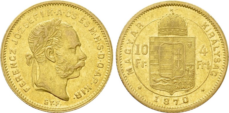 Austrian Empire. Franz Joseph I (1848-1916). GOLD 4 Forint / 10 Francs (1870 GYF...