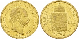 Austrian Empire. Franz Joseph I (1848-1916). GOLD 4 Forint / 10 Francs (1870 GYF). Karlsburg. 

Obv: FERENCZ JÓZSEF I K A CS ÉS M H S D O AP KIR. 
...