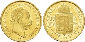 Austrian Empire. Franz Joseph I (1848-1916). GOLD 4 Forint / 10 Francs (1870 KB). Kremnitz. 

Obv: FERENCZ JÓZSEF I K A CS ÉS M H S D O AP KIR. 
La...