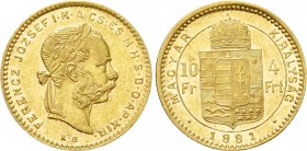 Austrian Empire. Franz Joseph I (1848-1916). GOLD 4 Forint / 10 Francs (1881 KB). Kremnitz. 

Obv: FERENCZ JÓZSEF I K A CS ÉS M H S D O AP KIR. 
La...