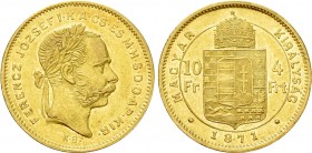 Austrian Empire. Franz Joseph I (1848-1916). GOLD 4 Forint / 10 Francs (1871 KB). Kremnitz. 

Obv: FERENCZ JÓZSEF I K A CS ÉS M H S D O AP KIR. 
La...
