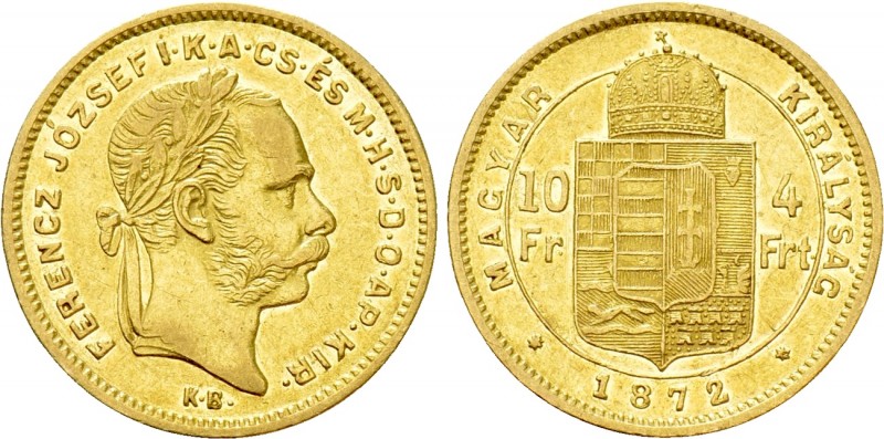 Austrian Empire. Franz Joseph I (1848-1916). GOLD 4 Forint / 10 Francs (1872 KB)...