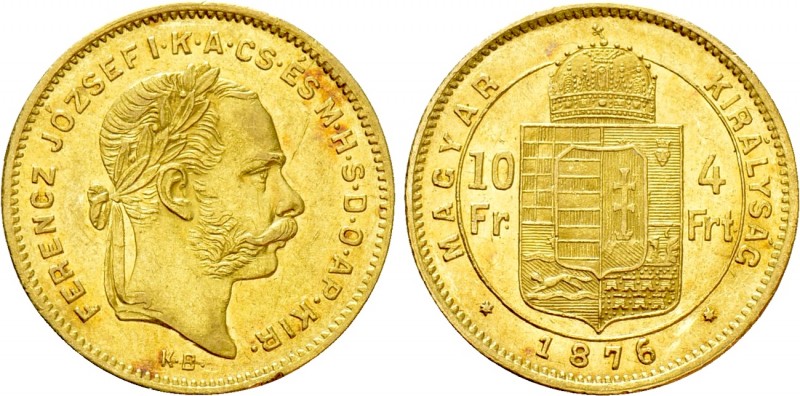 Austrian Empire. Franz Joseph I (1848-1916). GOLD 4 Forint / 10 Francs (1876 KB)...