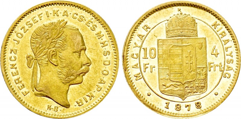 Austrian Empire. Franz Joseph I (1848-1916). GOLD 4 Forint / 10 Francs (1878 KB)...