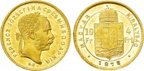 Austrian Empire. Franz Joseph I (1848-1916). GOLD 4 Forint / 10 Francs (1878 KB). Kremnitz. 

Obv: FERENCZ JÓZSEF I K A CS ÉS M H S D O AP KIR. 
La...