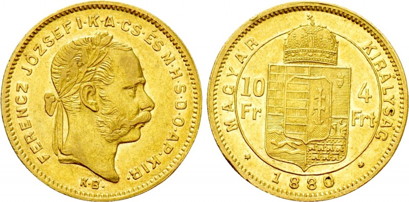 Austrian Empire. Franz Joseph I (1848-1916). GOLD 4 Forint / 10 Francs (1880 KB)...