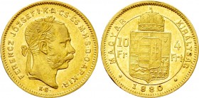 Austrian Empire. Franz Joseph I (1848-1916). GOLD 4 Forint / 10 Francs (1880 KB). Kremnitz. 

Obv: FERENCZ JÓZSEF I K A CS ÉS M H S D O AP KIR. 
La...