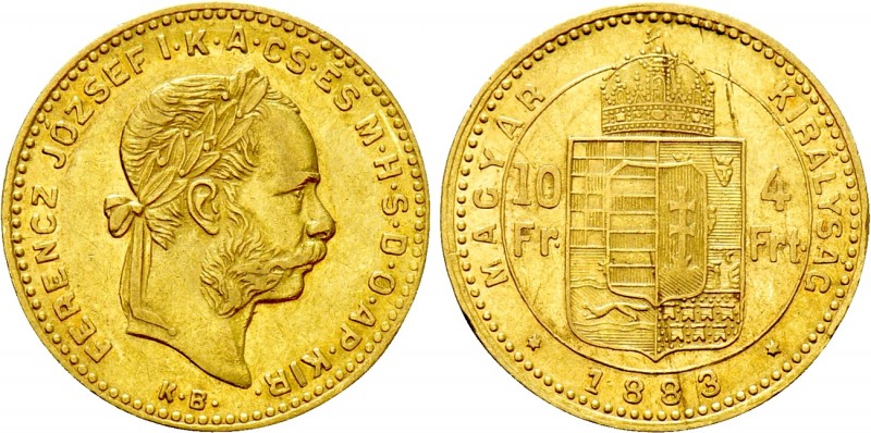 Austrian Empire. Franz Joseph I (1848-1916). GOLD 4 Forint / 10 Francs (1883 KB)...
