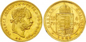 Austrian Empire. Franz Joseph I (1848-1916). GOLD 4 Forint / 10 Francs (1883 KB). Kremnitz. 

Obv: FERENCZ JÓZSEF I K A CS ÉS M H S D O AP KIR. 
La...