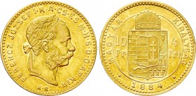 Austrian Empire. Franz Joseph I (1848-1916). GOLD 4 Forint / 10 Francs (1884 KB). Kremnitz. 

Obv: FERENCZ JÓZSEF I K A CS ÉS M H S D O AP KIR. 
La...