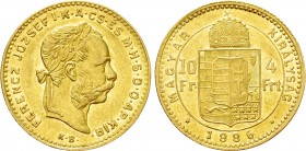 Austrian Empire. Franz Joseph I (1848-1916). GOLD 4 Forint / 10 Francs (1886 KB). Kremnitz. 

Obv: FERENCZ JÓZSEF I K A CS ÉS M H S D O AP KIR. 
La...