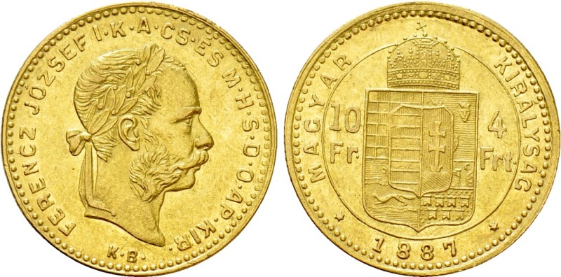 Austrian Empire. Franz Joseph I (1848-1916). GOLD 4 Forint / 10 Francs (1887 KB)...