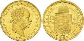 Austrian Empire. Franz Joseph I (1848-1916). GOLD 4 Forint / 10 Francs (1887 KB). Kremnitz. 

Obv: FERENCZ JÓZSEF I K A CS ÉS M H S D O AP KIR. 
La...
