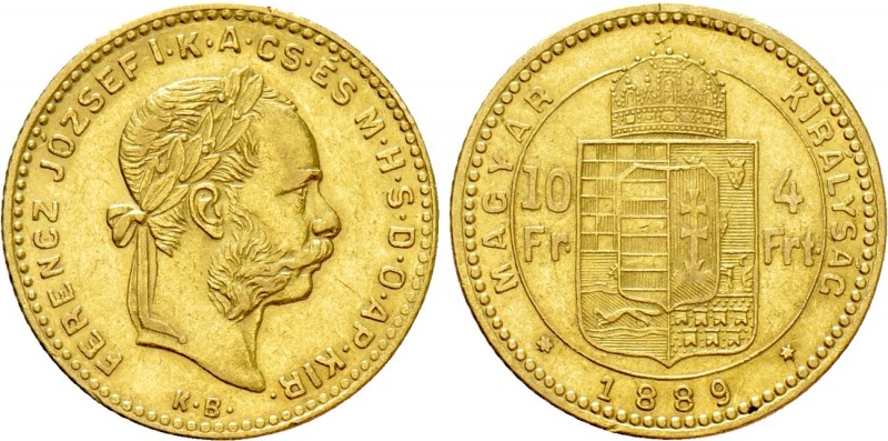 Austrian Empire. Franz Joseph I (1848-1916). GOLD 4 Forint / 10 Francs (1889 KB)...
