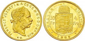 Austrian Empire. Franz Joseph I (1848-1916). GOLD 4 Forint / 10 Francs (1889 KB). Kremnitz. 

Obv: FERENCZ JÓZSEF I K A CS ÉS M H S D O AP KIR. 
La...