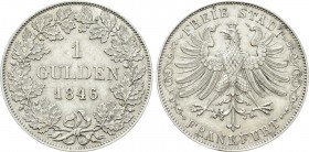 GERMANY. Frankfurt. Gulden (1846). 

Obv: 1 / GULDEN. 
Legend in two lines within wreath.
Rev: FREIE STADT / FRANKFURT. 
Crowned eagle facing, he...