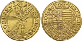 HOLY ROMAN EMPIRE. Rudolf II (1576-1612). GOLD Dukat (1586). Prague.

Obv: RVDOL II D G R I SA G H B REX.
Rudolf standing right, holding orb and sc...