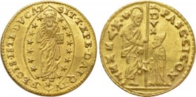ITALY. Venice. Pasquale Cicogna (1585-1595). GOLD Zecchino.

Obv: PASC CICON / DVX / S M VENET.
St. Mark standing right, presenting staff to Doge k...