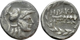 ΙΟΝIA. Herakleia ad Latmon. Tetrobol (Circa 150-142 BC). 

Obv: Head of Athena right, wearing Corinthian helmet.
Rev: HPAKΛEΩTΩN. 
Club right with...