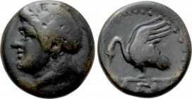 IONIA. Leukai. Ae (Circa 350-300 BC). 

Obv: Laureate head of Apollo left.
Rev: ΛEO. 
Swan with open wings left, head towards ground.

SNG von A...