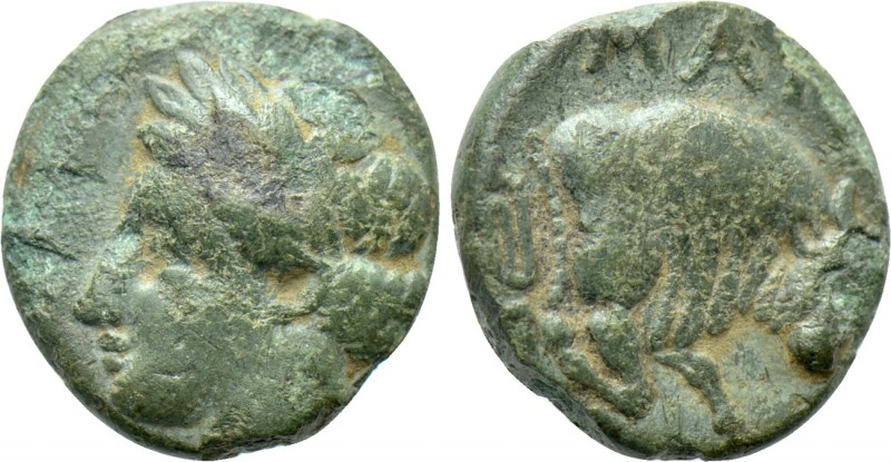 IONIA. Magnesia ad Maeandrum. Ae (Circa 350-300 BC). 

Obv: Laureate head of A...