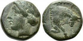 IONIA. Magnesia ad Maeandrum. Ae (Circa 350-300 BC). 

Obv: Laureate head of Apollo left.
Rev: MAΓ. 
Forepart of bull right; maeander pattern to l...
