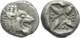IONIA. Miletos. Obol or Hemihekte (6th-5th centuries BC). 

Obv: Forepart of lion left, head right.
Rev: Stellate floral design within incuse squar...