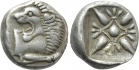 IONIA. Miletos. Obol or Hemihekte (Late 6th-early 5th centuries BC). 

Obv: Forepart of lion right, head left.
Rev: Stellate floral design; all wit...