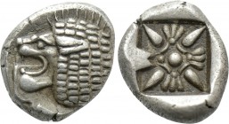 IONIA. Miletos. Obol or Hemihekte (Late 6th-early 5th centuries BC). 

Obv: Forepart of lion right, head left.
Rev: Stellate floral design, with M ...