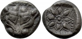 IONIA. Miletos. 1/16 Stater (Late 6th-early 5th centuries BC). 

Obv: Facing head of lion or panther.
Rev: Stellate design, pelleted border around;...