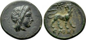 IONIA. Miletos. Ae (Circa 313/12-290 BC). Epini[...], magistrate. 

Obv: Laureate head of Apollo right.
Rev: EΠINI. 
Lion standing right, head lef...