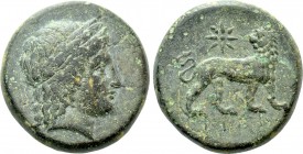 IONIA. Miletos. Ae (Circa 313/12-290 BC). Uncertain magistrate. 

Obv: Laureate head of Apollo right.
Rev: Lion standing right, head left; star abo...