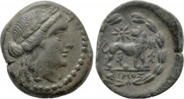 IONIA. Miletos. Ae (2nd century BC). Simos, magistrate. 

Obv: Laureate head of Apollo right.
Rev: ΣIMOΣ. 
Lion standing right, head left; two mon...