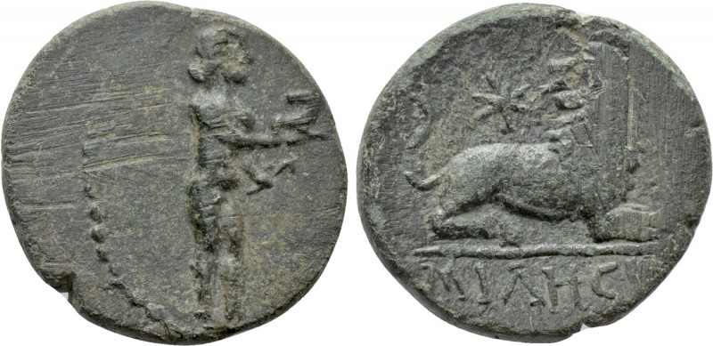 IONIA. Miletos. Ae (39-17 BC). 

Obv: Apollo Didymeos right, with stag and bow...