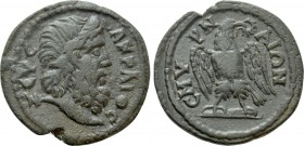 IONIA. Smyrna. Pseudo-autonomous. Time of Marcus Aurelius (161-180). Ae. 

Obv: ZEVC AKPAIOC. 
Head of Zeus right.
Rev: CMYPNAIΩN. 
Eagle standin...