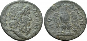 IONIA. Smyrna. Pseudo-autonomous. Time of Marcus Aurelius (161-180). Ae. 

Obv: ZEVC AKPAIOC. 
Head of Zeus right.
Rev: CMYPNAIΩN. 
Eagle standin...