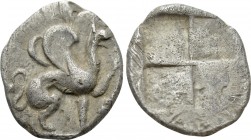 IONIA. Teos. Trihemiobol (478-449 BC). 

Obv: Griffin with two wings seated right, raising forepaw; uncertain control to right.
Rev: Quadripartite ...