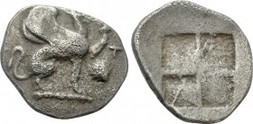 IONIA. Teos. Trihemiobol (Circa 478-449 BC). 

Obv: T. 
Griffin seated right, raised forepaw. Control: scallop shell.
Rev: Quadripartite incuse sq...